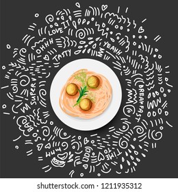 Vector Icon illustration of Pasta in Plate. Italian Pasta with with greens and meatballs in white plate. Plate of Spaghetti and meatballs, cartoon on black background with doodle decoration around