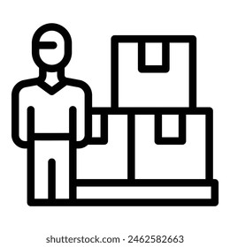Vector icon illustration of a person standing next to stacked cardboard boxes, representing delivery or moving concept