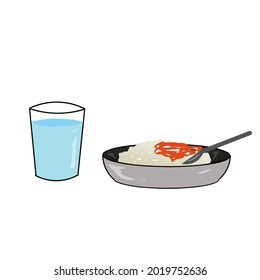 Vector icon illustration of a plate of food and a glass of mineral water on white background, flat design.