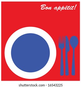 Vector icon illustration of plate with fork, knife and spoon on its side, in the colors of France and the words 'Bon apetit' on top. For jpeg version, please see my portfolio.