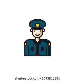 vector icon illustration of a police officer wearing a uniform and cap with a badge. This security and law enforcement icon represents authority, protection, and public safety