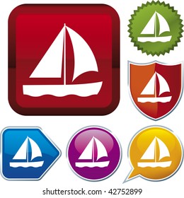 Vector icon illustration of sailboat over diverse buttons. Only global colors. CMYK. Easy color and proportions changes.
