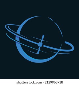 Vector icon illustration of a satellite orbiting a planet