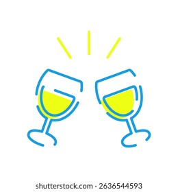 Vector icon illustration of a scene of people toasting with wine glasses. Colors are blue and yellow.