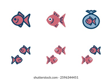 Vector icon illustration set of 6 icons with image of a goldfish.