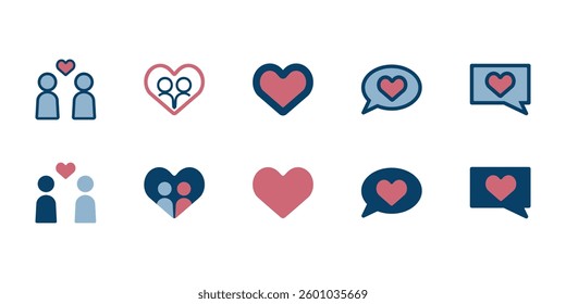 Vector icon illustration set about love. Set of 10 icons of heart symbols and couple image icons.