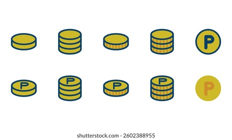 Vector icon illustration set of coins and points image. 10 icons illustration set.