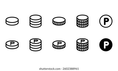 Vector icon illustration set of coins and points image. 10 icons illustration set.