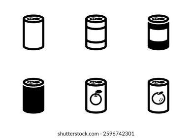 Vector icon illustration set of an image of a drink in a can. Set of 6 various juices.