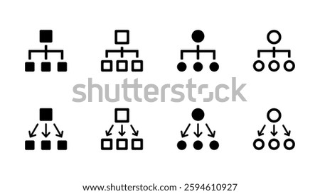 Vector icon illustration set of images of organizational charts and hierarchical structures, set of 8 icons.