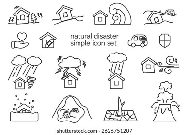 Ícone de vetor ilustração conjunto de desastres naturais, desenhos de linha, simples