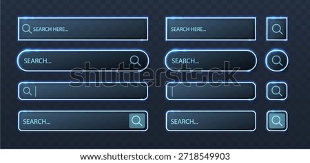 Vector icon illustration. Set of neon search bar icons in different shapes, ui elements isolated on dark background.