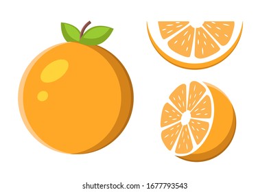 Vector icon illustration. Set of orange, halfs of orange and slice. Flat cartoon style suitable for web landing page, banner, flyer, sticker, card. Isolated