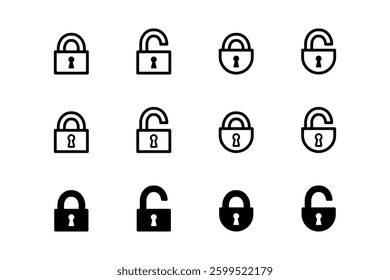Vector icon illustration set of padlock image. 12 icon illustrations.