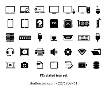 Conjunto de ilustraciones de iconos de vectores de piezas relacionadas con PC