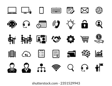 Conjunto de ilustraciones de iconos de vectores relacionadas con el trabajo de oficina y de negocios.