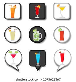 Vector icon illustration for set symbols summer cocktail with straw. Cocktail pattern consisting of flat design with elements mobile web apps. Collection modern infographic pictogram, icons cocktails.