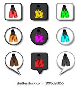 Vector icon illustration for set symbols rubber flippers for sea swimming. Flipper pattern consisting of flat design with elements web apps. Collection modern infographic pictogram, icons flipper.