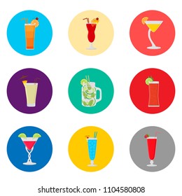 Vector icon illustration for set symbols summer cocktail with straw. Cocktail pattern consisting of flat design with elements mobile web apps. Collection modern infographic pictogram, icons cocktails.