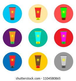 Vector icon illustration for set symbols summer sunscreen from sun. Sunscreen pattern consisting of flat design with elements mobile web apps. Collection modern infographic pictogram, icons sunscreens