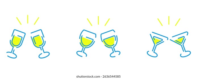 A vector icon illustration set of toasting scenes. The colors are blue and yellow. A set of three different illustrations.