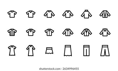A vector icon illustration set of various clothes. A set of 18 icons including Y-shirts, T-shirts, skirts, and pants.