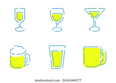 A vector icon illustration set of various drinks. A set of six types of illustrations, including wine and beer. The colors are yellow and blue.