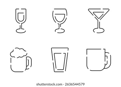 A vector icon illustration set of various drinks. A set of six types of illustrations, including beer and wine. The color is black.