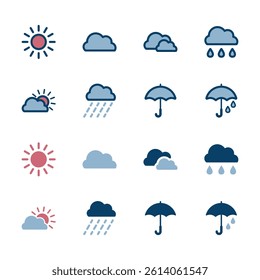 Vector icon illustration set of weather images. Set of 16 icons including sunny, cloudy and rainy.