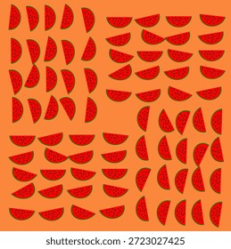 A vector icon illustration of several watermelon slices. Slices of fresh tropical fruit with red flesh and green rind, flat design style. Suitable for food, summer, healthy lifestyle, and beverage themes.