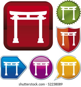 Vector icon illustration of shintoism over diverse buttons. Only global colors. CMYK. Easy color and proportions changes.