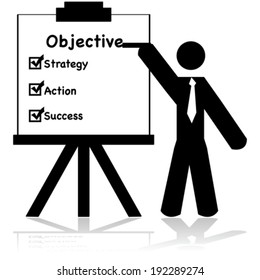 Vector icon illustration showing a businessman making a presentation about business objectives
