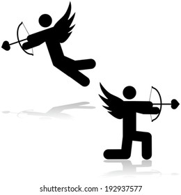 Vector icon illustration showing a cupid stick figure aiming an arrow with a heart-shaped tip