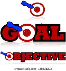 Vector icon illustration showing a dart hitting a target and being part of the words GOAL and OBJECTIVE