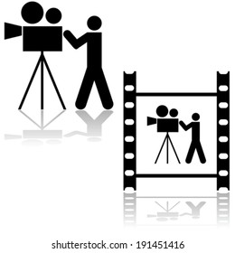 Vector icon illustration showing a man operating a film camera, within a film strip or by itself 