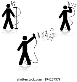 Vector icon illustration showing a man in three different singing poses with musical notes beside him