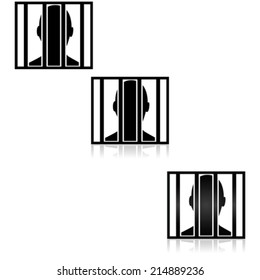 Vector icon illustration showing the outline of a person behind bars, in three different graphic styles