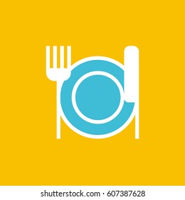Vector icon or illustration showing plate, knife and fork in outline style