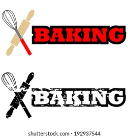 Vector icon illustration showing some kitchen utensils beside the word Baking