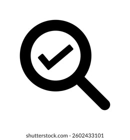 Vector icon illustration of a simple magnifying glass with a check mark.