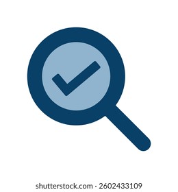 Vector icon illustration of a simple magnifying glass with a check mark.