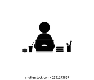 vector icon illustration of someone who is studying in front of him there is a laptop and on the right and left side there are books and glasses of drinks and burgers and storage for stationery