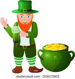 Vector icon illustration of St. Patrick's Day, a leprechaun with a beer mug waving his hand with a pot of gold