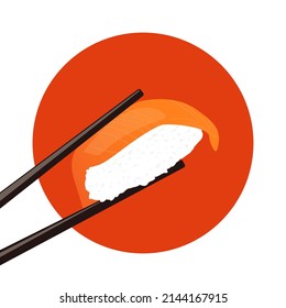 Vector Icon Illustration Style Logo of Asian Street Fast Food Bar or Shop, Sushi, Maki, Nigiri Salmon Roll with Chopsticks, Isolated Minimalistic Object