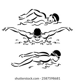 vector icon illustration of a swimming athlete with three unique but elegant and simple designs