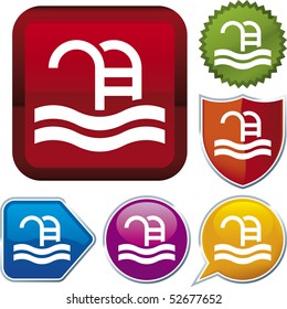 Vector icon illustration of swimming pool over diverse buttons. Only global colors. CMYK. Easy color and proportions changes.