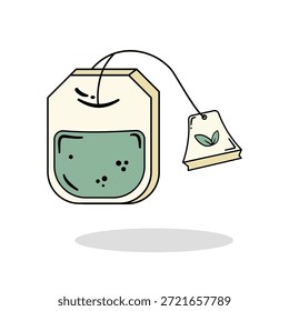 Ilustración de icono de Vector de bolsita de té, té verde, té matcha fresco, bebida de té verde diseñada en estilo simple de dibujos animados planos aislados sobre fondo blanco.