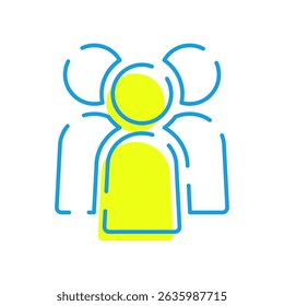 Ilustração em ícone de vetor de três pessoas nas cores azul e amarelo.