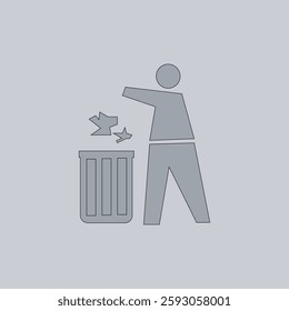 Vector icon illustration of throwing trash into a trash bin, simple and clean design, minimalist style, with a hand holding a piece of trash and a trash bin, flat colors, on a white background