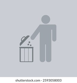 Vector icon illustration of throwing trash into a trash bin, simple and clean design, minimalist style, with a hand holding a piece of trash and a trash bin, flat colors, on a white background